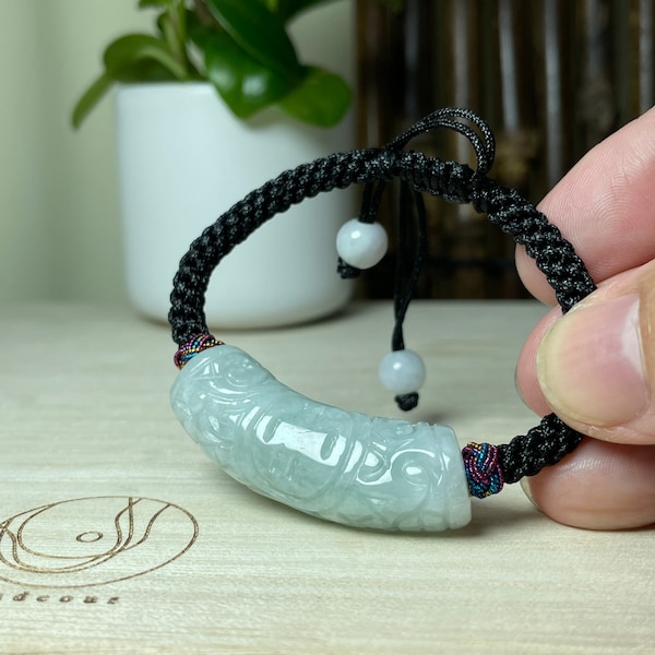 Authentic Jade Bracelet, Real Jadeite Carving Chinese Character Fu Armband, Adjustable Braided Wristbands, Adjustable Size, Women Men Gift