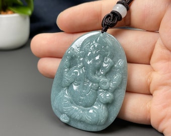 Jade Carving Ganesha Charm, Real Feicui Jadeite Elephant God Necklace, Hinduism Religious Jewelry Pendant Jadeite, Blessing Gift, Women Men