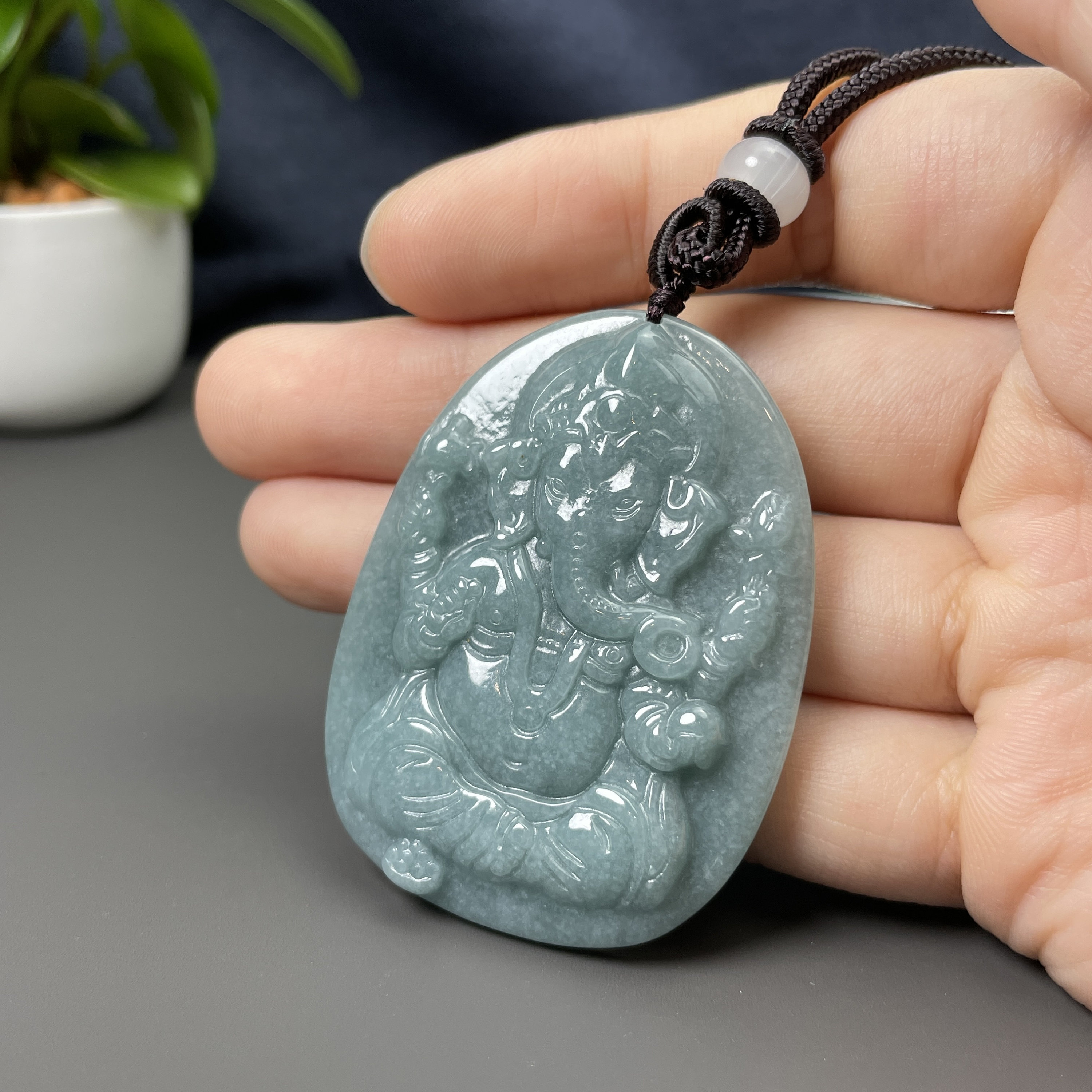 Jade Carving Ganesha Charm, Real Feicui Jadeite Elephant God Necklace ...