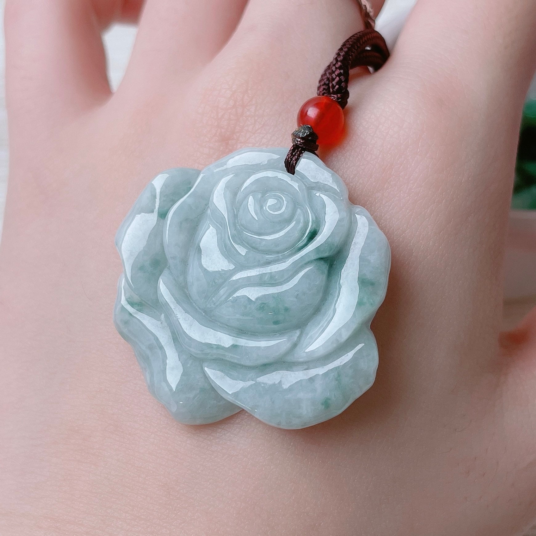 Jade Flower Rose Pendant Necklace Charm 