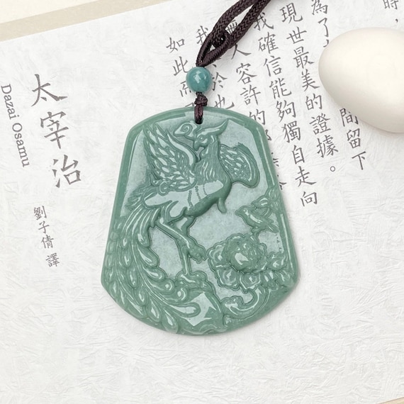 Real Green Jade Phoenix Carving Necklace, Mythical Bird, Symbol of