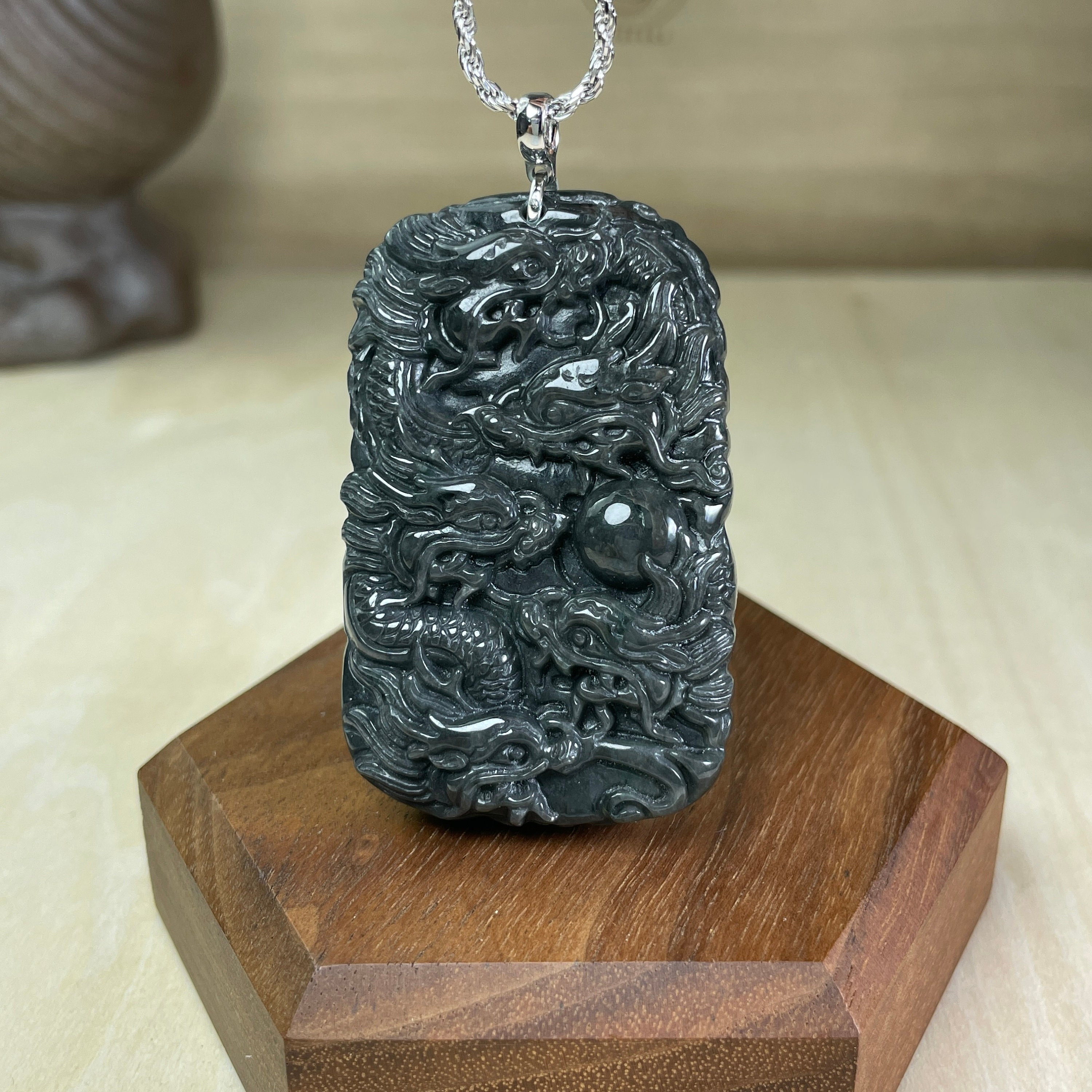 Genuine Black Jade Dragon Necklace, Year of Dragon 2024 Carving