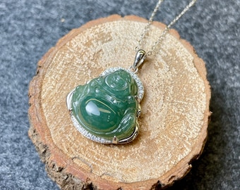 Jade Buddha Pendant Necklace - 18K White Gold Plated, 23 Inch Chain, Crystal Charm