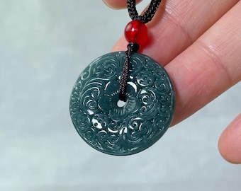 Real Grade A Jade Blue Water Ruyi Carving Donut Necklace: Green Round Pi Bi Charm Pendant, Best Birthday Jewelry Gift