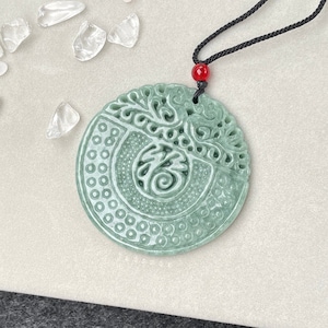 Genuine Green Jade Necklace, Chinese Pixiu Carving Pendant, Blessing Pattern antique Coin Token, Lucky Grade A Jadeite, China Tradition Gift
