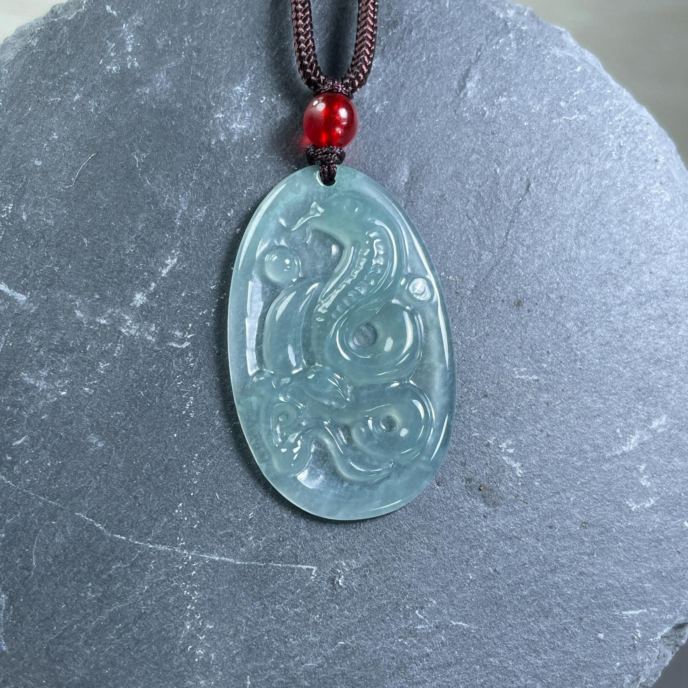 Real Jade Snake Necklace for Women, Chinese Zodiac Year of Snake Pendant, Jadeite Jewelry Gift Men, Personalized Engraved Icy Green Charm