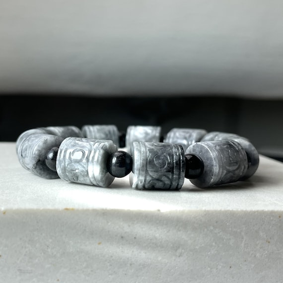 Real Grey Black Jadeite Jade Bracelet Bangle, Rare Chinese Style Carved Beaded Wristband, Elastic Wrist Asian Jade Jewelry Gift, Women Men