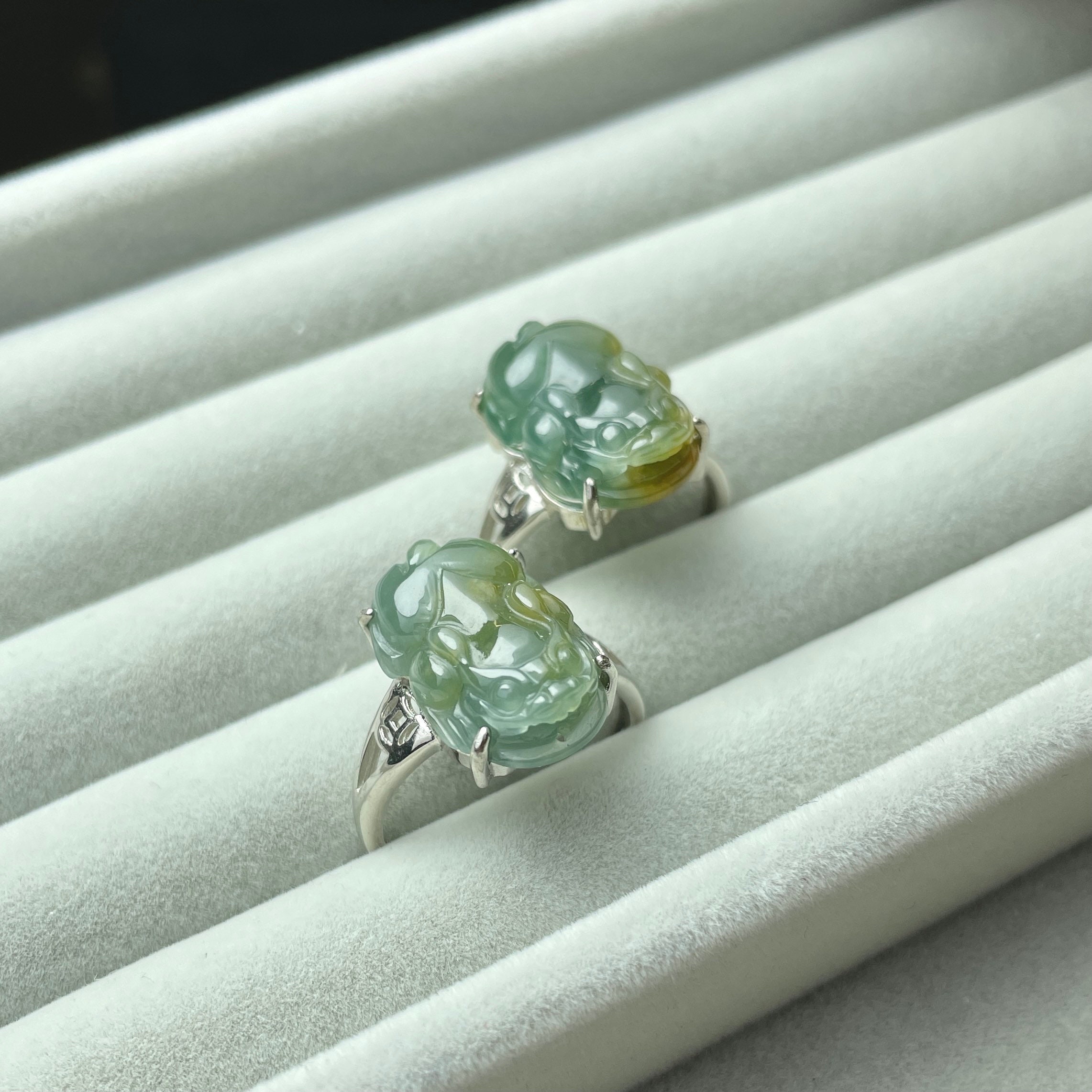 Real Green Yellow Icy Jade Pixiu Ring Carving Piyao Lucky Ring