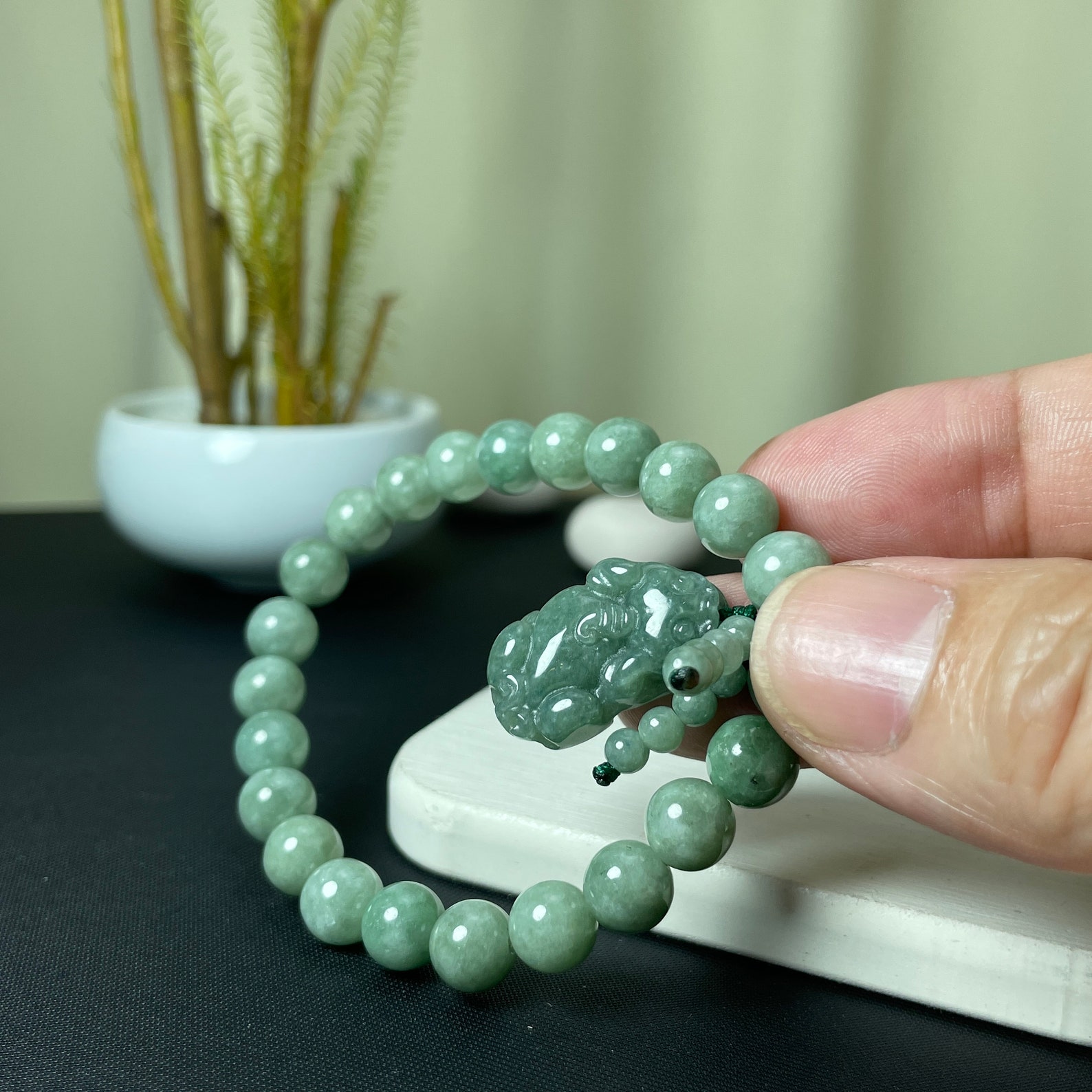 Real Jade Pixiu Bracelet, Green Jade Beaded With Lucky Carving Piyao ...