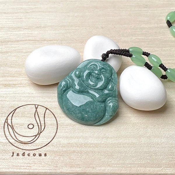 Collier Bouddha souriant en jade vert véritable, véritable pendentif Bouddha rieur, cadeau à breloques, amulette chinoise joyeuse Gautama, hommes porte-bonheur