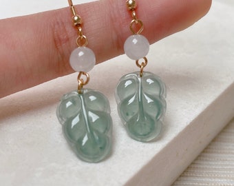 Real Icy Green Jade Leaf Earrings Dangle, Vintage Carving Stone Jewelry, 925 Sterling Silver, Protection Blessing Women Gift, Type A Jadeite