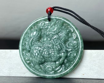 Natural Green Jade Kirin Qilin Charm Necklace, Vintage Design, Chinese Carving Round Pendant Amulet, Icy Jadeite Jewelry Gift Idea Men Women