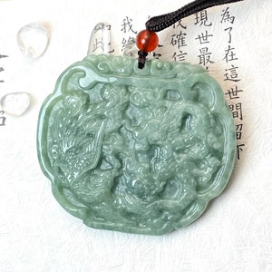 Genuine Green Jade Dragon Phoenix Necklace, Vintage Pair Pendant Jewelry, Grade A Jadeite Ruyi Design Lucky Charm, Blessing Gift Men Women