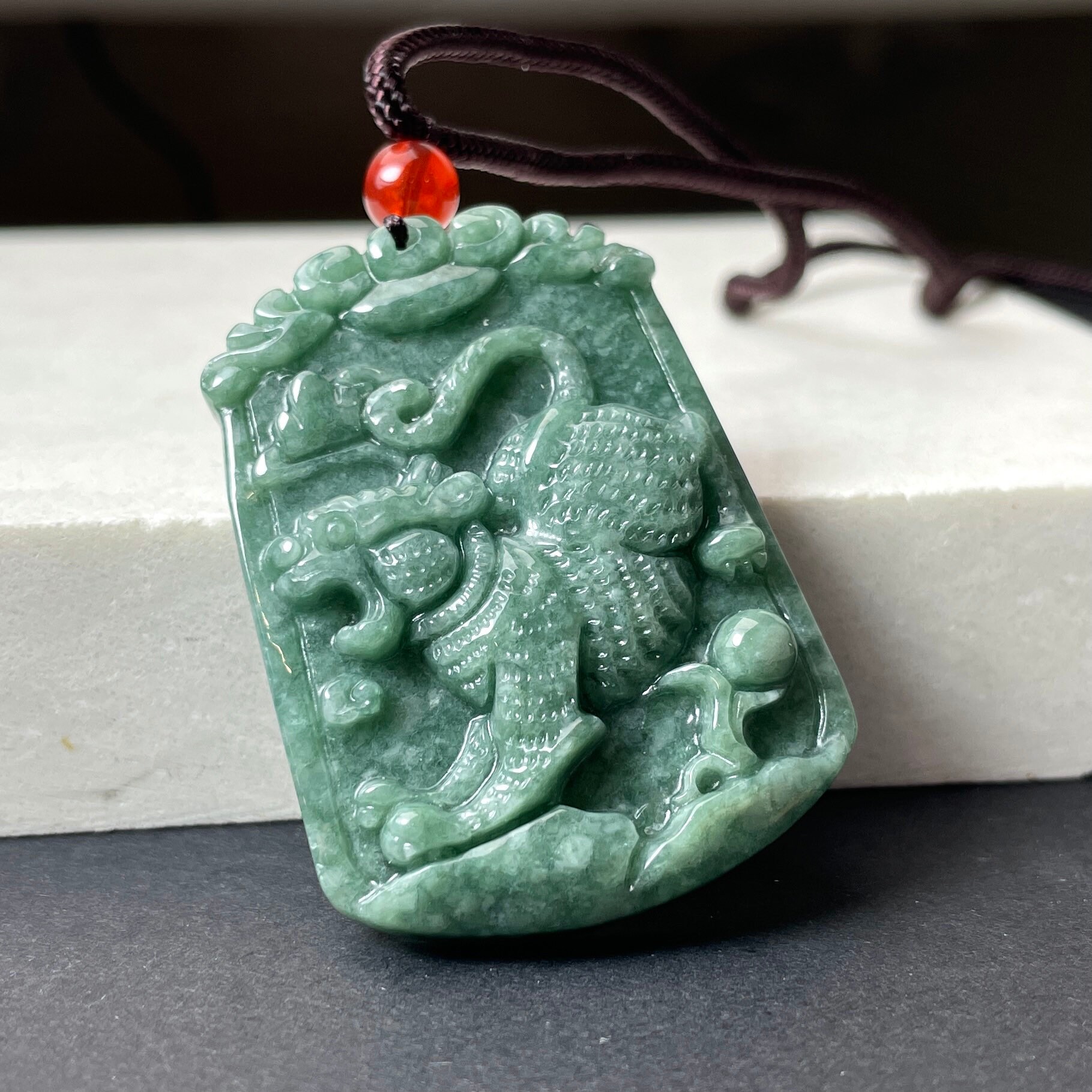 Happy Lucky Chinese Zodiac Tiger Amulet Black Green Jade Pendant 