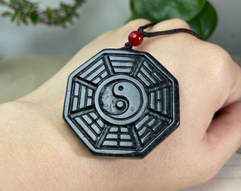 Colgante de jade Bagua, amuleto Yin Yang Ba Gua de jadeíta negra auténtica, joyería china con espejo Fei Cui Tai Chi, amuleto taoísta.