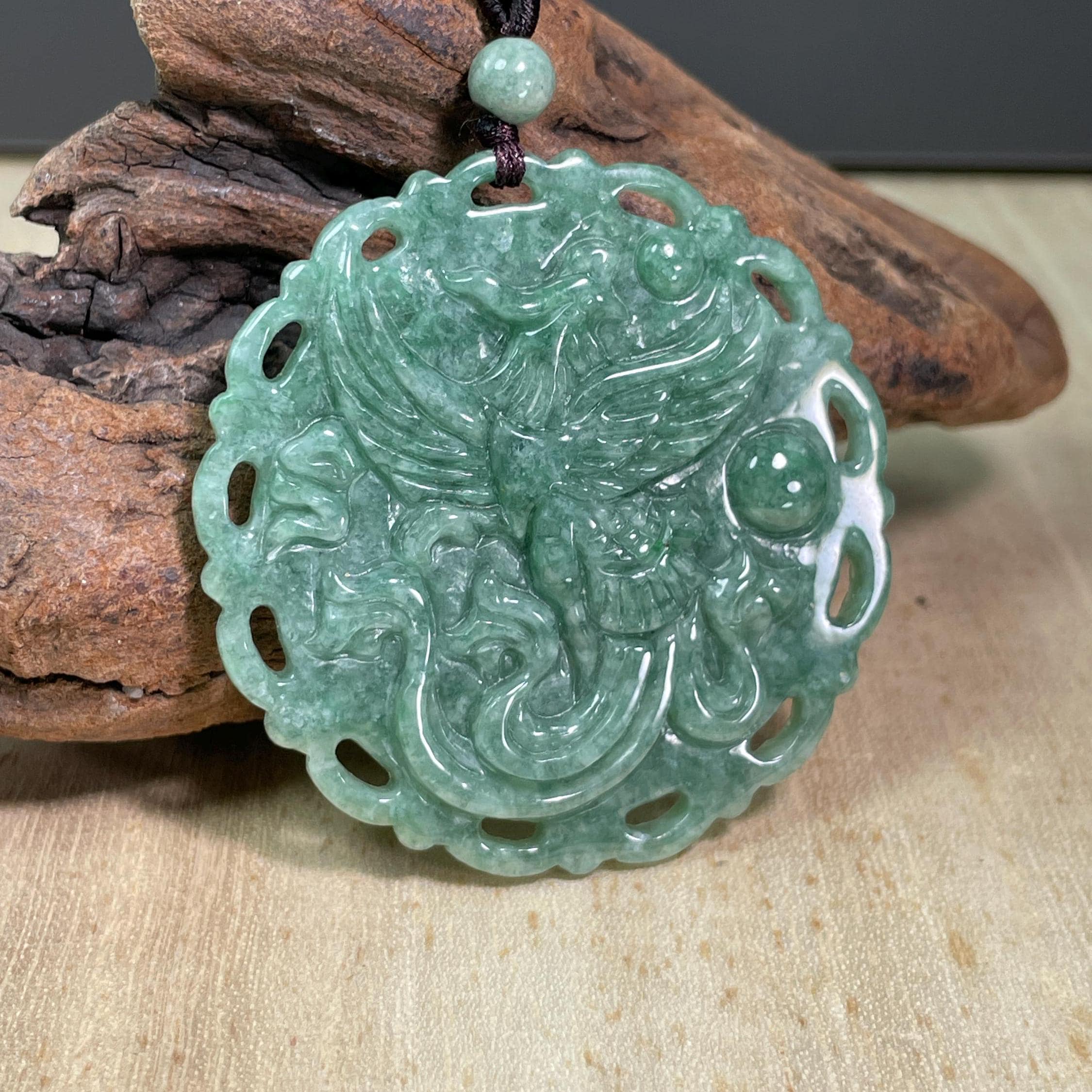 Real Green Jade Phoenix Necklace , Chinese Fenghuang Feicui