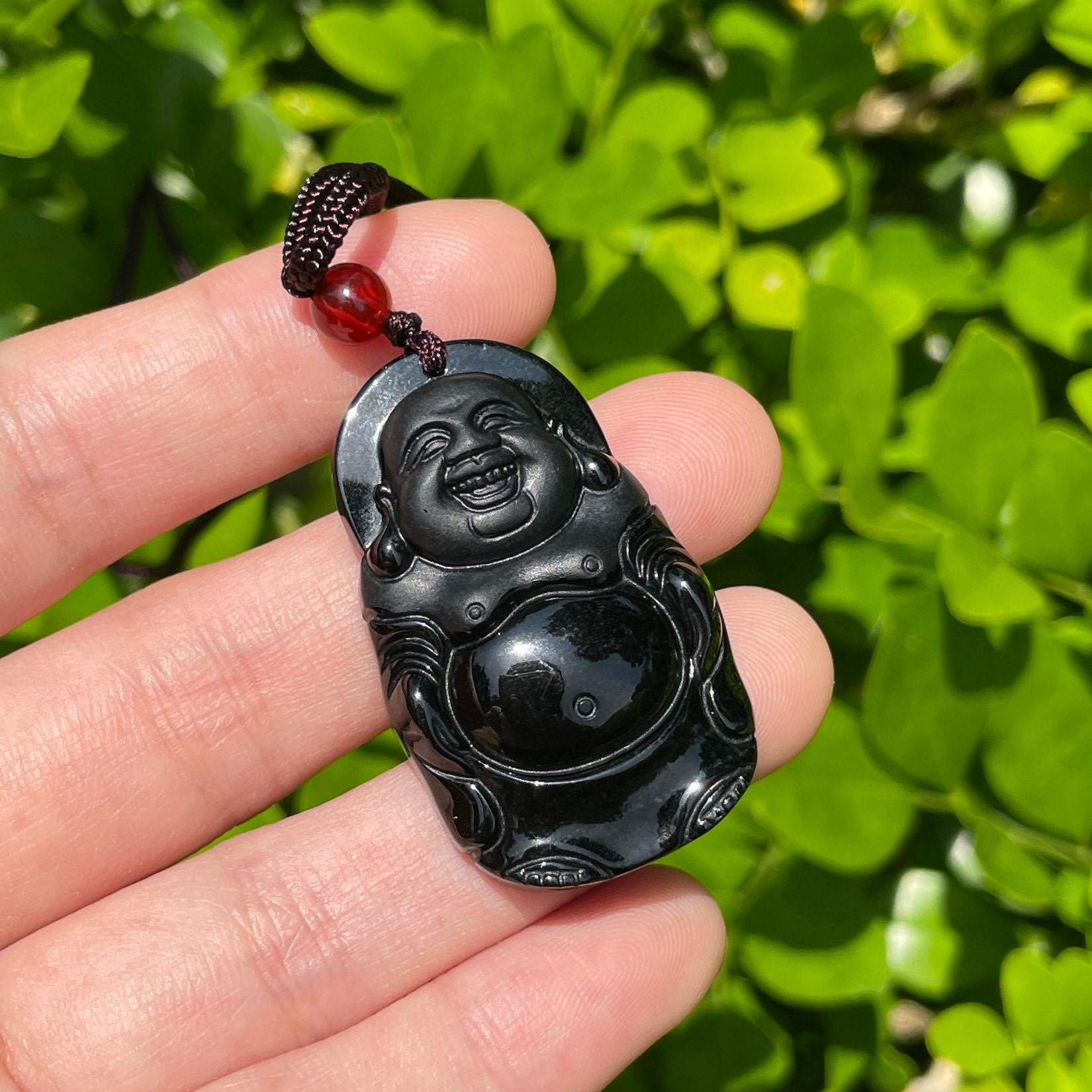 本物の黒翡翠仏像ネックレス、中国製幸運の笑顔のペンダントチャーム 