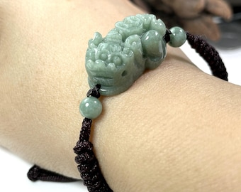 Jade Pixiu-armband, äkta jadeit snidat Pi Yao kinesiskt tecken Fu-armband, justerbara flätade armband, justerbar storlek, gåva för kvinnor och män