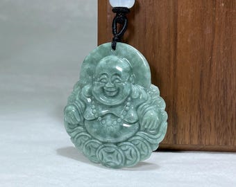 Real Jade Buddha Charm Necklace, Authentic Jadeite Smiling Buda Pendant, Chinese Feng Shui Lucky Amulet, Feicui Jewelry Gift Idea, Women Men