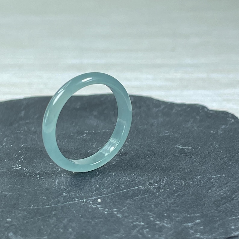 icy transparent green jade ring, engraving applied on both sides of the ring, jewelry gift