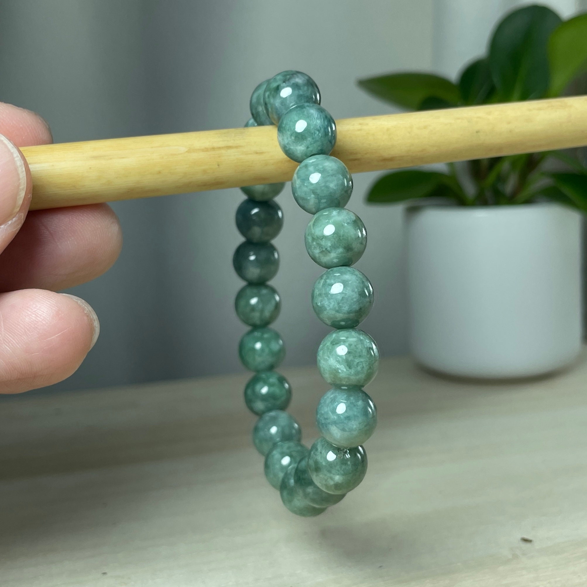 Jade Beaded Bracelet, Real Green Jade Bead Wristband, Natural Fei