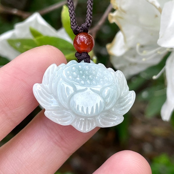 Real White Jade Flowers Necklace, Floral Lotus Pendant, Handcrafted Lucky Carving Jadeite Charm, Unique Protection Blessing Gift Women