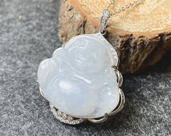 Genuine Icy White Jade Buddha Pendant, Smiling god Necklace, Blessing Peace Men Women gift, 925 Sterling Silver Chain CZ, Grade A Jadeite