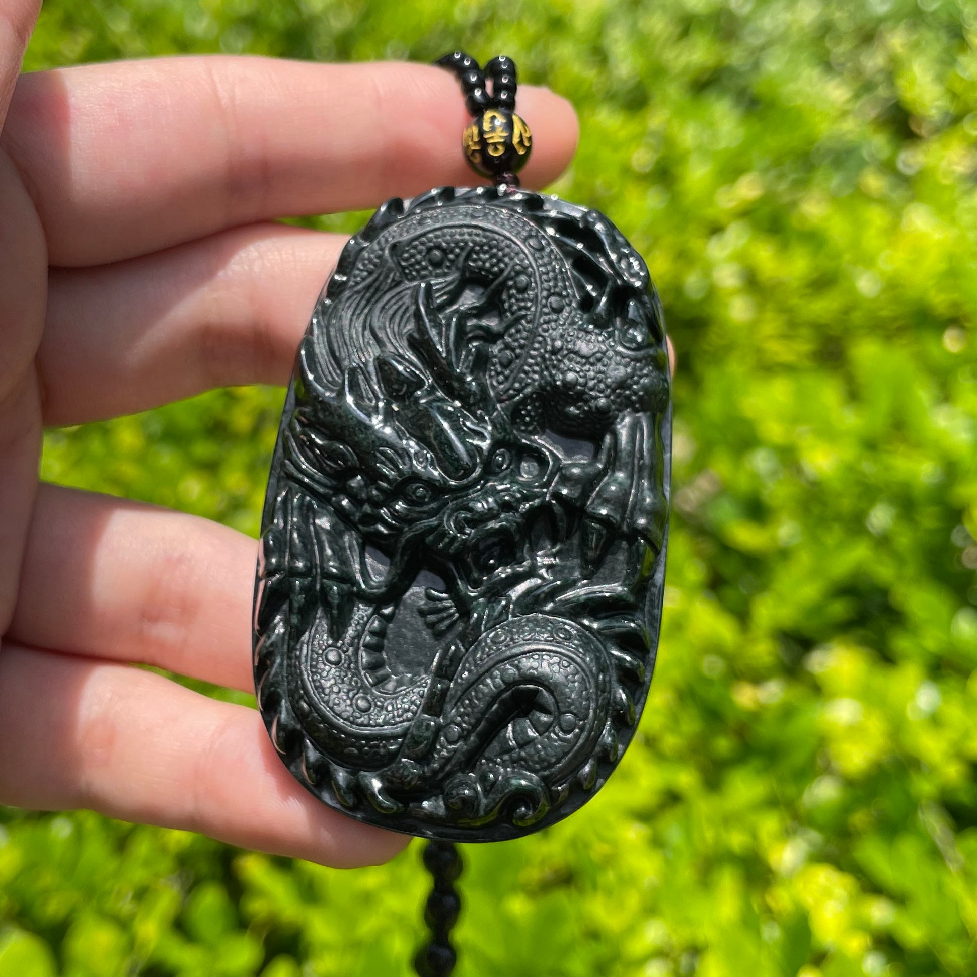 Authentic Black Jade Flying Dragon Necklace, Chinese Green Jade