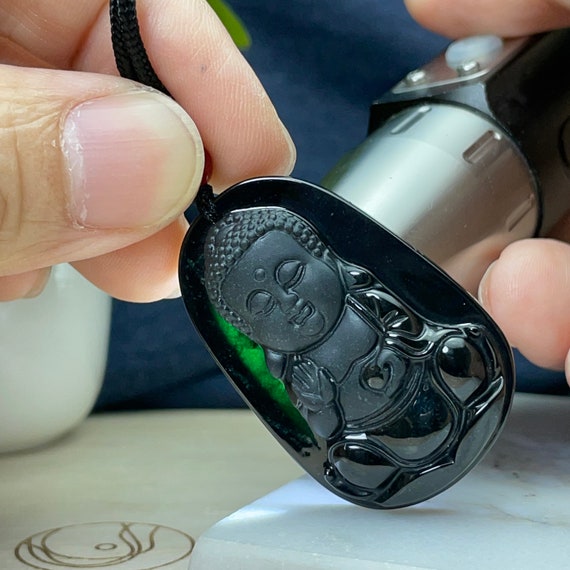 Real Black Jade Buddha Necklace, Lucky Smile Laughing Charm