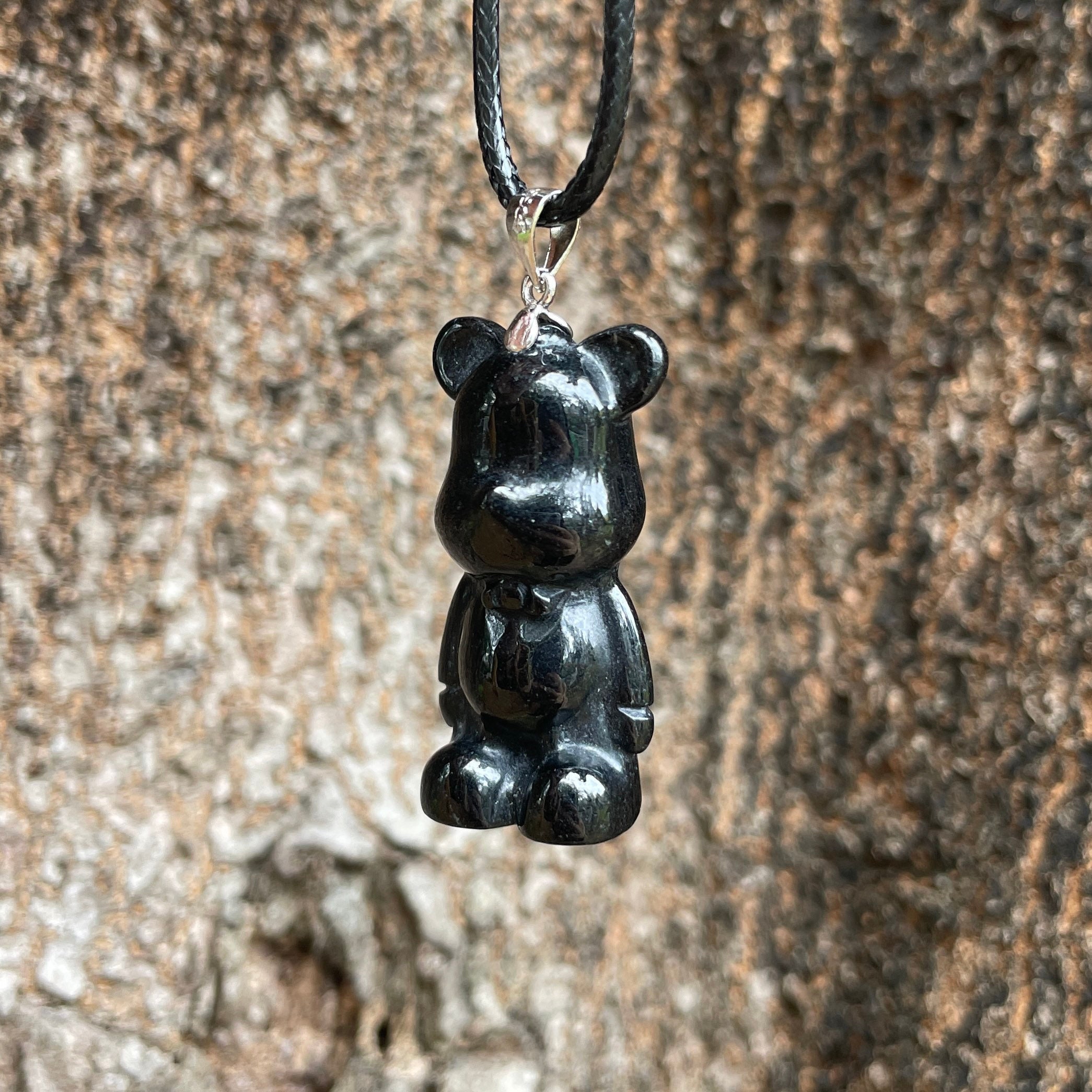 Real Black Jade Bear Necklace Cute Animal Pendant Leather Rope