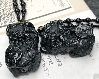 Äkta svart jade Pixiu Piyao par matchande halsband, kinesiskt forntida odjurshänge, vintage lyckojadeitberlock smycken gåva män kvinnor