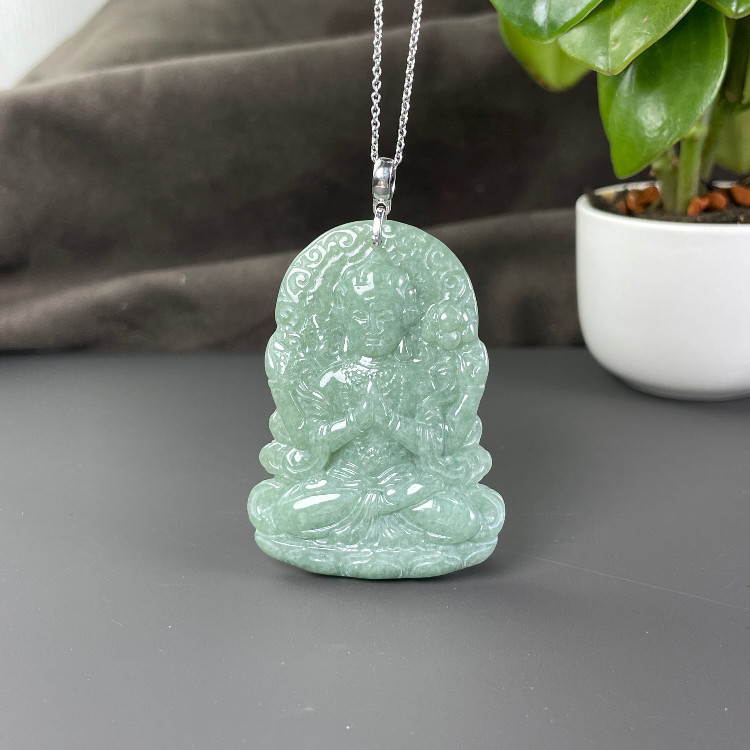 Best You Natural Green Jade Guanyin Buddha Pendant Necklace – Yellow Gold Plated, 18" – Amulet Style