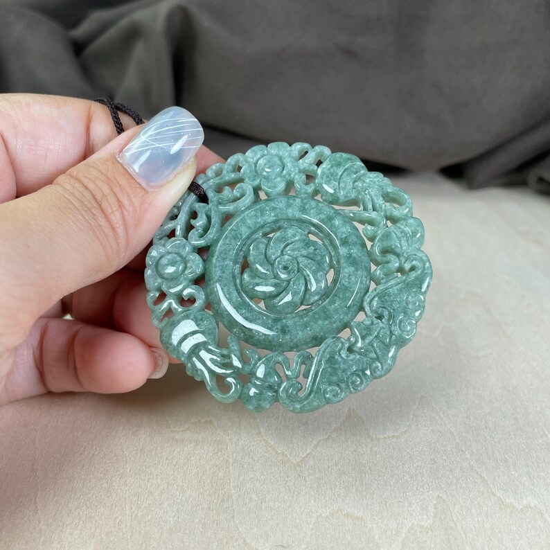 Real Green Jade Chinese Lucky Symbol Charm, Jellyfish Flower Necklace