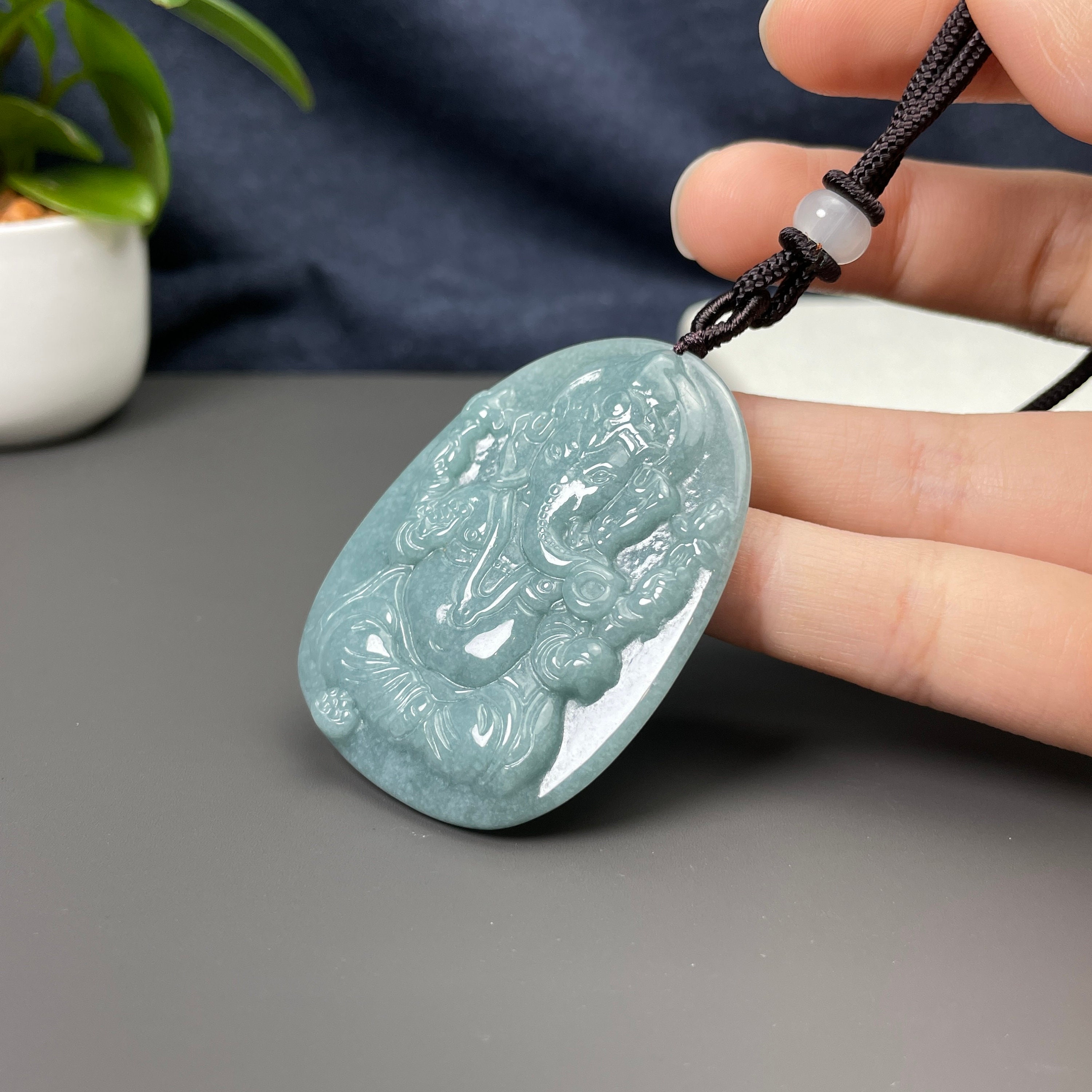Jade Carving Ganesha Charm, Real Feicui Jadeite Elephant God Necklace ...
