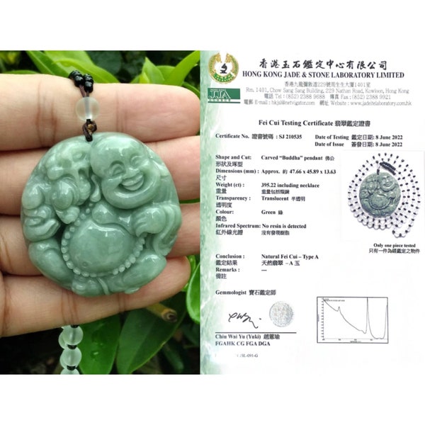 Jade Boeddha hanger, Jade Happy Buddha ketting, Carve lachende Boeddha charme amulet Jadeïet sieraden cadeau man vrouw, laboratorium certificaat