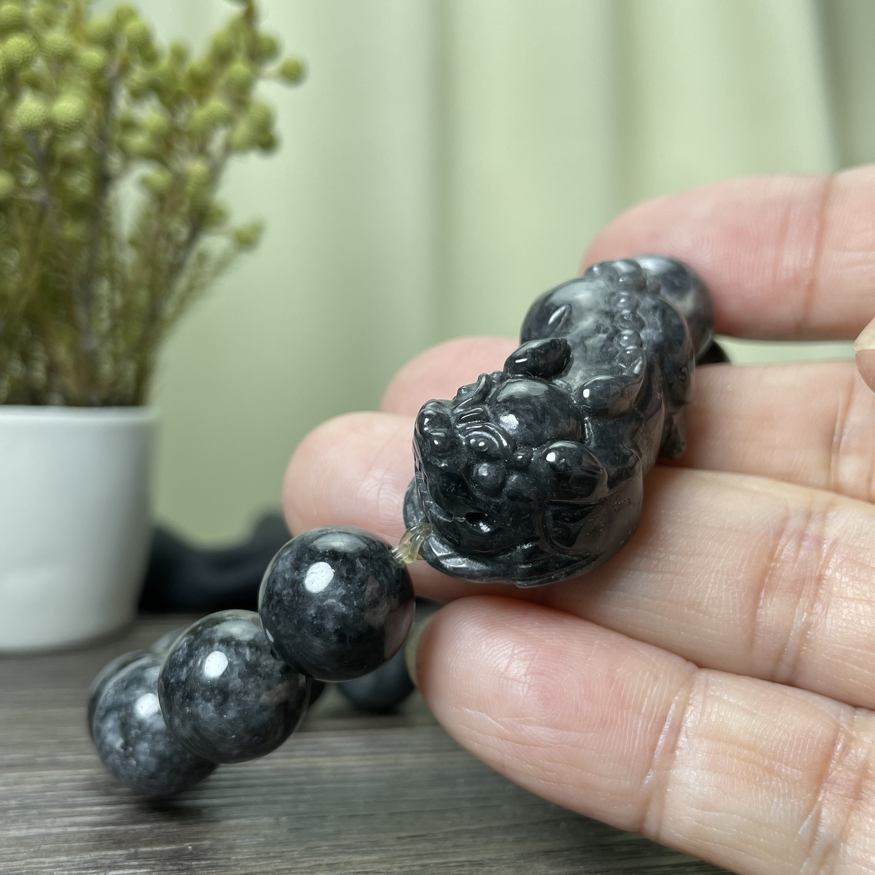 Pixiu Bracelet, Real Black Jade Beaded With Lucky Carving Piyao Charm ...