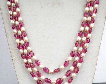 Natural Ruby Necklace ,  Fresh Water pearl Necklace , Gemstone Necklace , Ruby Pearl beads , july Birthstone , handmade Necklace