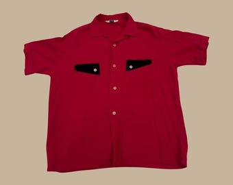 Vintage 40’s/50’s Men’s Pilgrim Brand Rayon Short Sleeve Shirt red black M/L