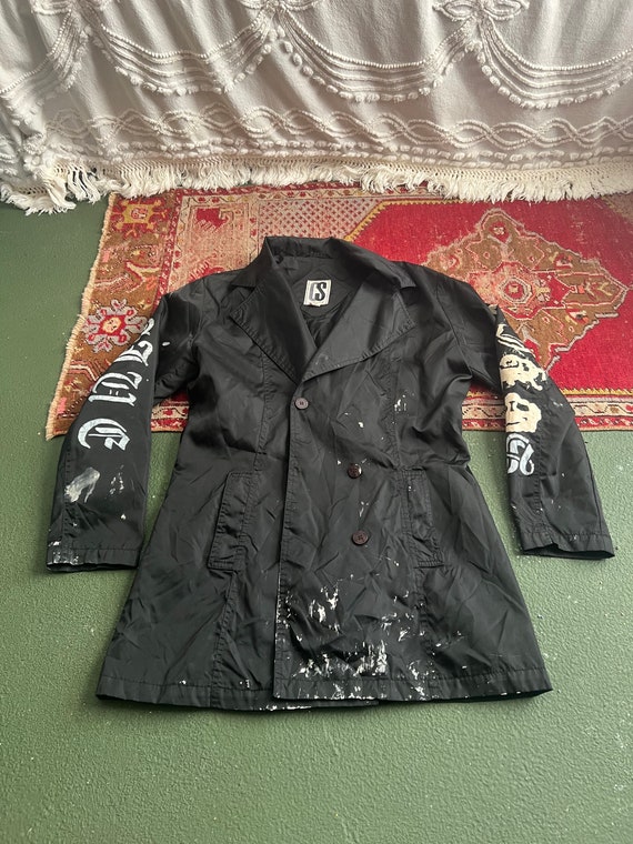 Vintage black 1990s hand painted punk trench coat