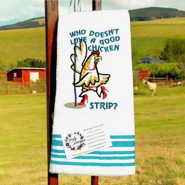 Embroidered Chicken Strip Kitchen Towel: Whimsical Farmhouse Decor