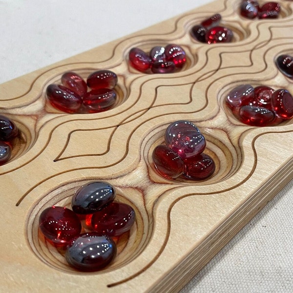 Mancala Board with Red Stones (Reduced price with blemishes)