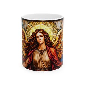 Angel Stained Glass Ceramic Mug, Religious Coffee Cup, Heavenly Tea Mug, Spiritual Drinkware, Guardian Angel Cup, Home Decor Kitchen Gift