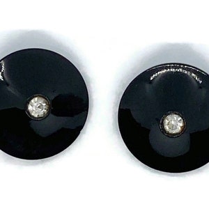 2 Black German Glass 1/2" Shank Buttons Antq Silver Accent Rhinestone Center 987 