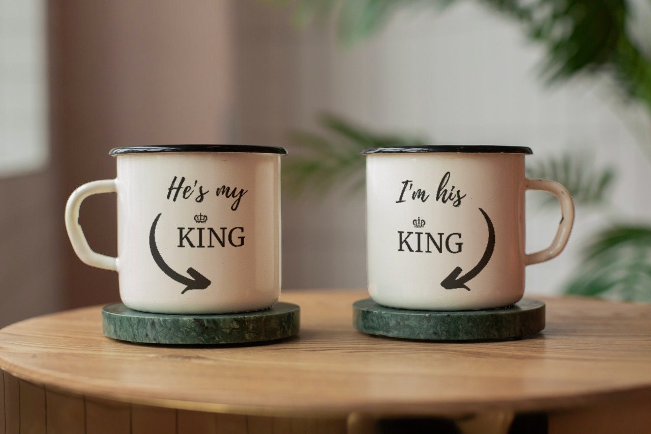 Duo de Mugs Émaillés - Mon Roi- Couple Lgbt Tasse en Métal Cadeau Couple Saint Valentin My King