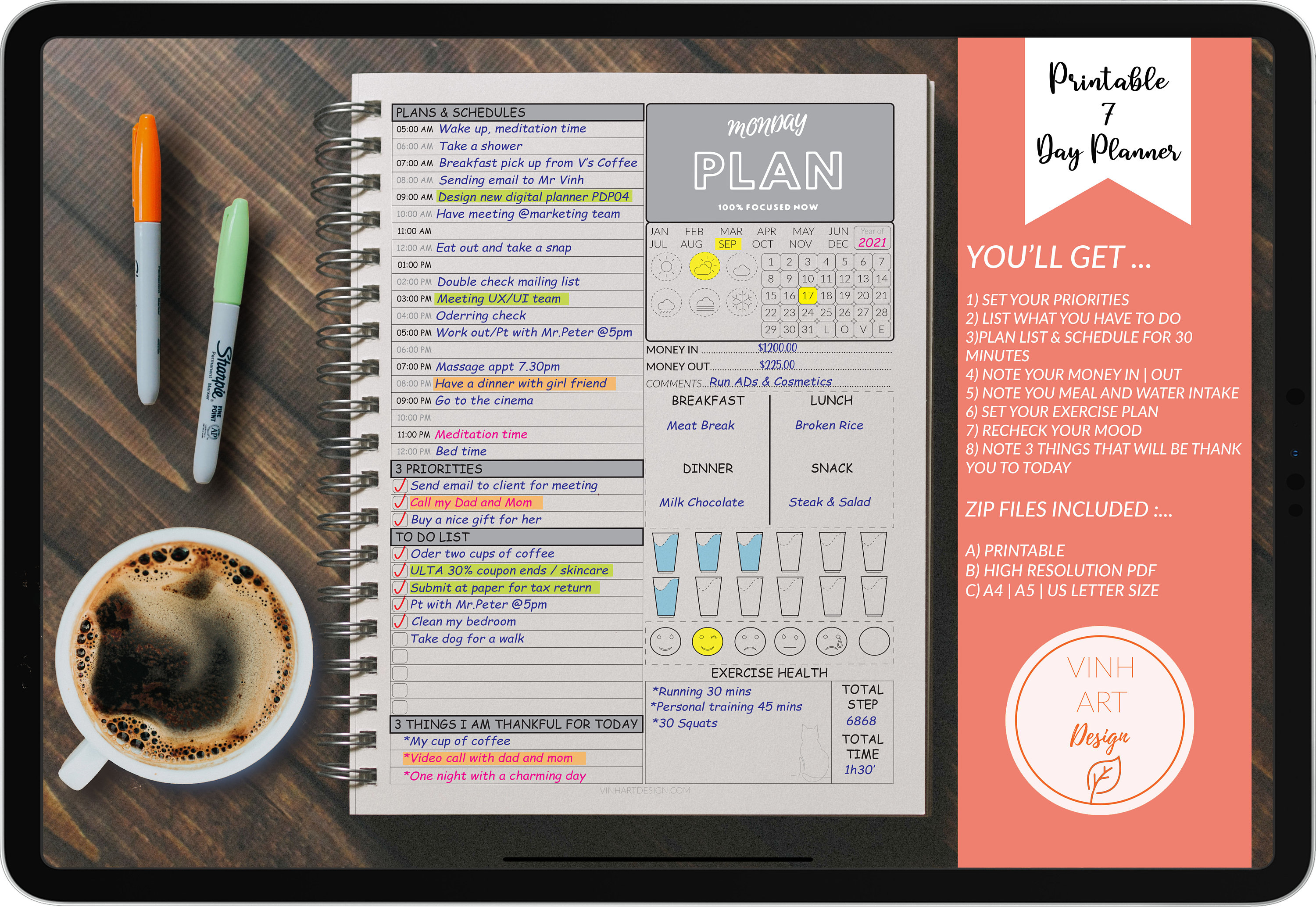 printable 7 day planner daily planner printable daily etsy