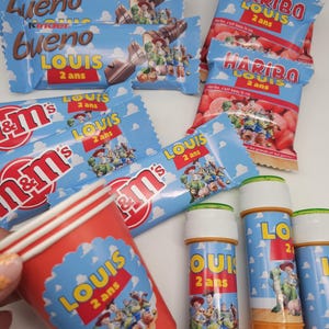 Personalized confectionery, personalized candy, personalized drink, personalized birthday decoration, stitch or theme of your choice