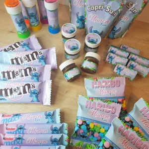 Personalized confectionery, personalized candy, personalized drink, personalized birthday decoration, stitch or theme of your choice
