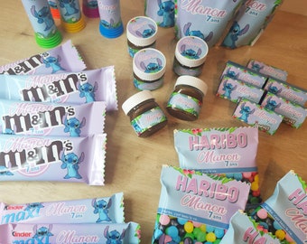 Personalized confectionery, personalized candy, personalized drink, personalized birthday decoration, stitch or theme of your choice
