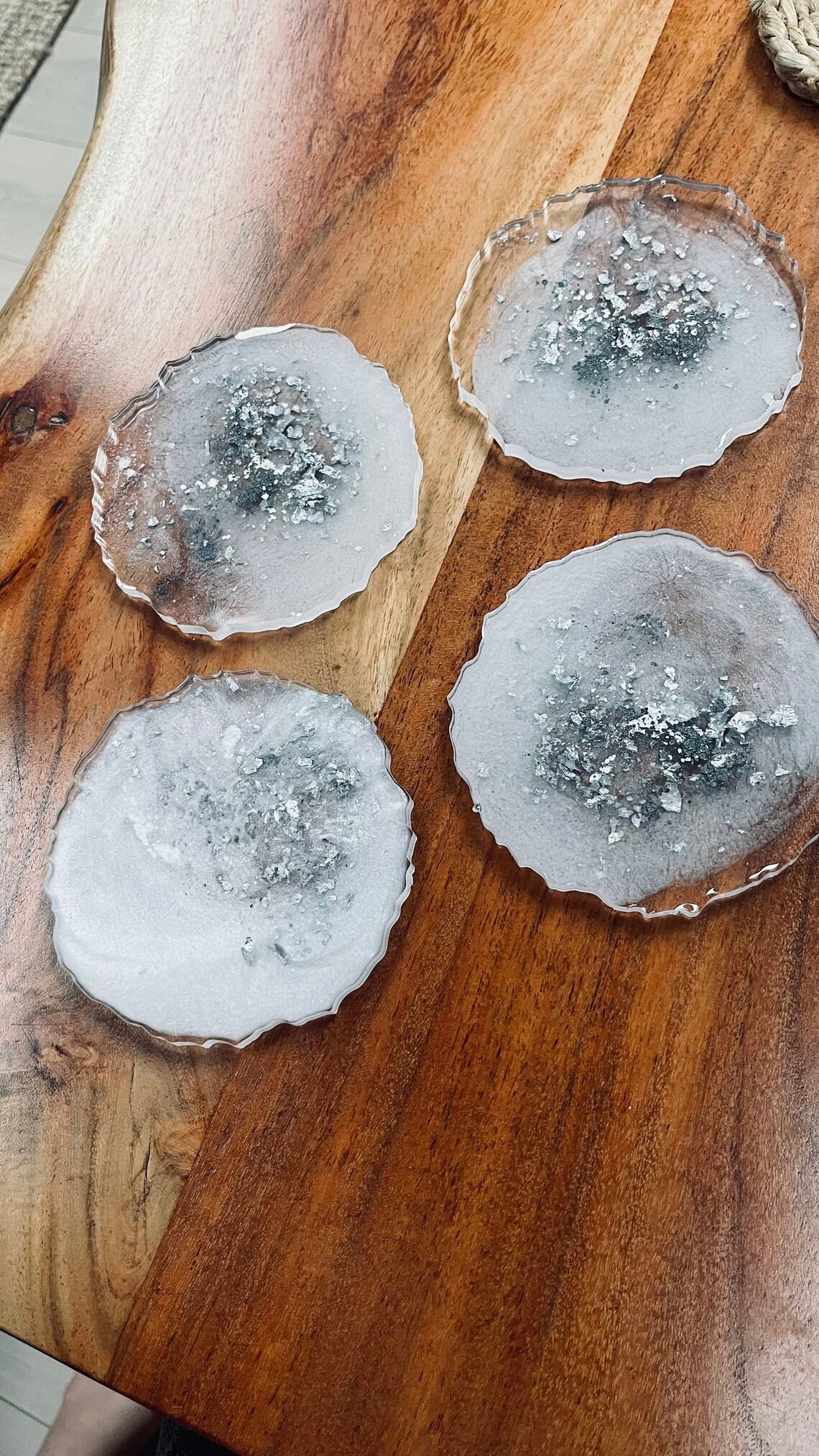 Epoxy coaster set 4 pieces resin clear white gray & silver Etsy
