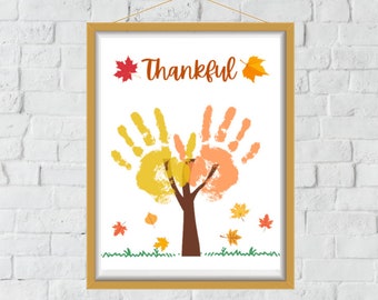 May include: A printable Thanksgiving craft for children featuring a handprint tree with the word "Thankful" at the top. The tree is decorated with orange, yellow, and red handprints and leaves.